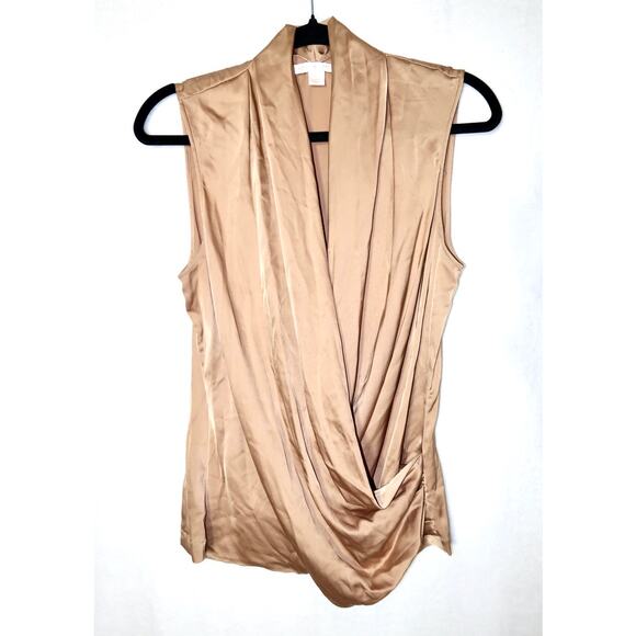Boston Proper Marilyn Wrap V Neck Charmeuse Blouse Bronze Tan Gold Size 14 - Picture 2 of 4